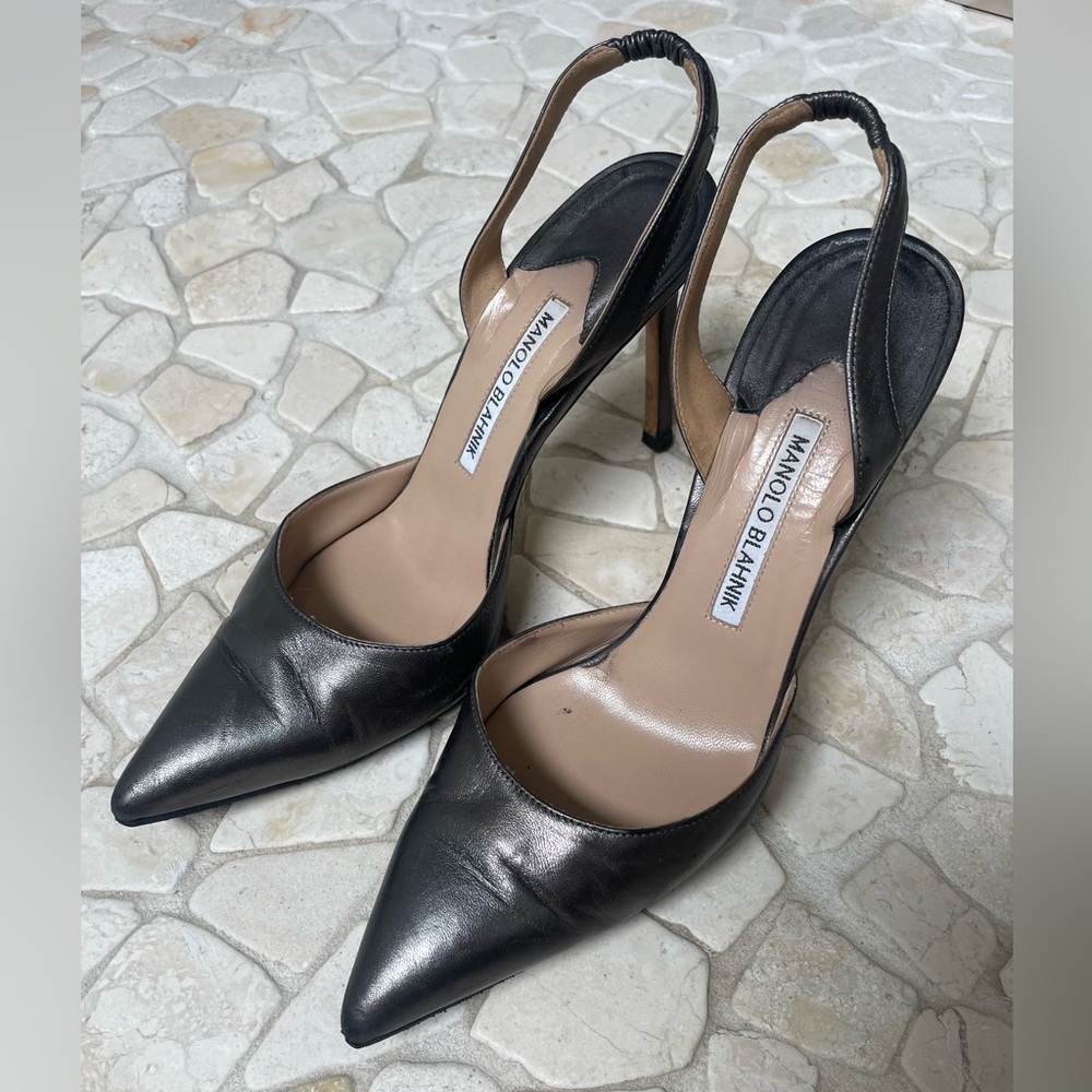 Manolos size 37 1/2 - worn many times and loved. Best dancing or walking shoes.